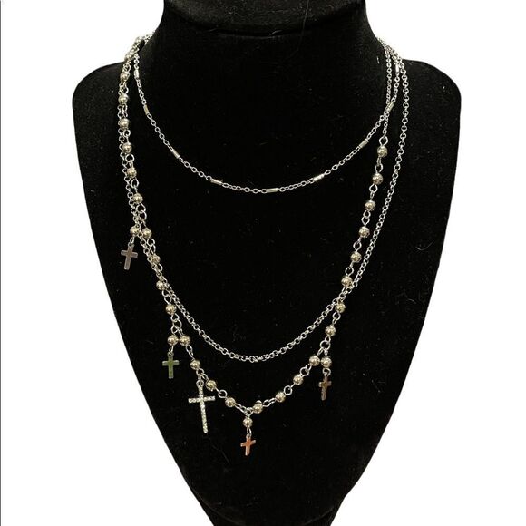 NWT New York & Co silver tone multiple layer necklace with cross charms - Picture 1 of 4